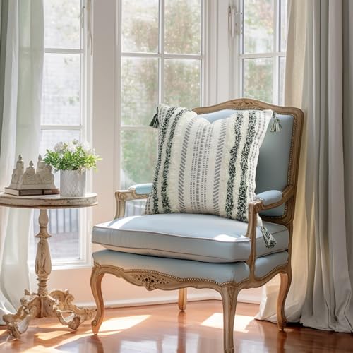 decorUhome Summer Decorative Boho Throw Pillow Cover 18x18, Accent Neutral Textured Tufted Pillow Cover Striped for Couch Bed Sofa, Green and Cream White, Pack of 1 - color: Green and Cream White, size: 18" x 18" (Pack of 1)