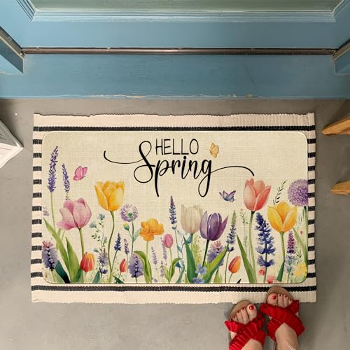 Spring Summer Door Mat,Hello Spring Tulip Lavender Flower Floral Indoor Outdoor Non-Slip Doormat,Entryway Front Porch Farmhouse Spring Welcome Door Mat Colorful for Entrance Decor,30" x 17" - color: 2026 Spring Summer 5
