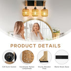 3-Light Bathroom Vanity Light Fixtures, Rustic Style Rattan Bathroom Wall Sconce with Handmade Bamboo Woven Boho Wicker Lampshade, Farmhouse Wooden Bracket, Suit for Stairway Bedroom and Hallway - color: 3-Light
