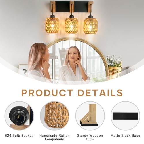3-Light Bathroom Vanity Light Fixtures, Rustic Style Rattan Bathroom Wall Sconce with Handmade Bamboo Woven Boho Wicker Lampshade, Farmhouse Wooden Bracket, Suit for Stairway Bedroom and Hallway - color: 3-Light