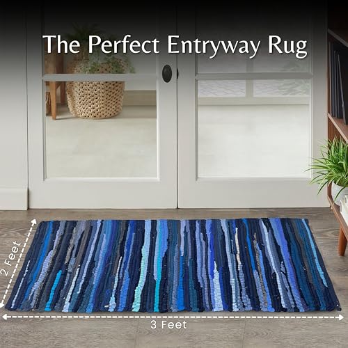 Cotton Hand Woven Chindi Rug 2x3 Feet - Navy, Durable Rectangular Small Doorway Space Rag Rugs Ideal for Entryway, Kitchen, Bedroom, Balcony | Blue Accent Reversible Floor Throw Carpet for Office - color: Navy, size: 2 x 3 feet