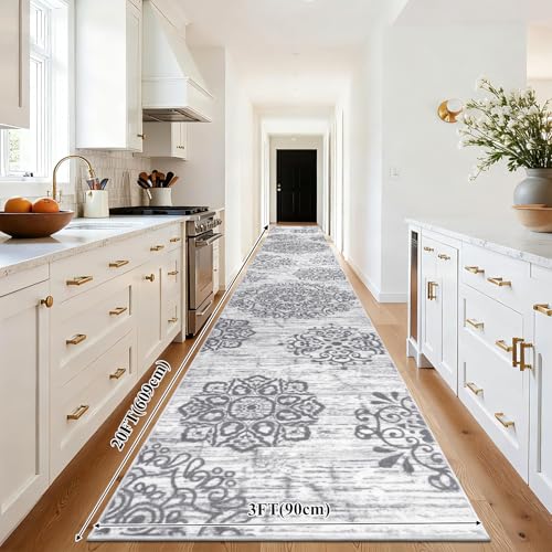 HEBE Hallway Runner Rug 3'x20' Washable Vintage Distressed Area Rugs Non Slip Laundry Rug Runner Boho Floor Carpet Runners for Hallways Entryway Laundry Room Kitchen Bathroom - color: Grey, size: 3' x 20' (Rectangular)