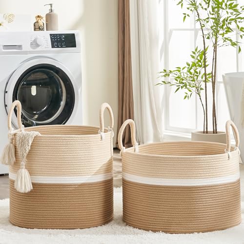 KAKAMAY Large Blanket Basket (18"x18"x16"),Woven Baby Laundry Hamper for Storage, Cotton Rope Blankets Baskets for Nursery, Laundry, Living Room, Pillows, Baby Toy chest with Handles (Light Brown) - color: Light Brown