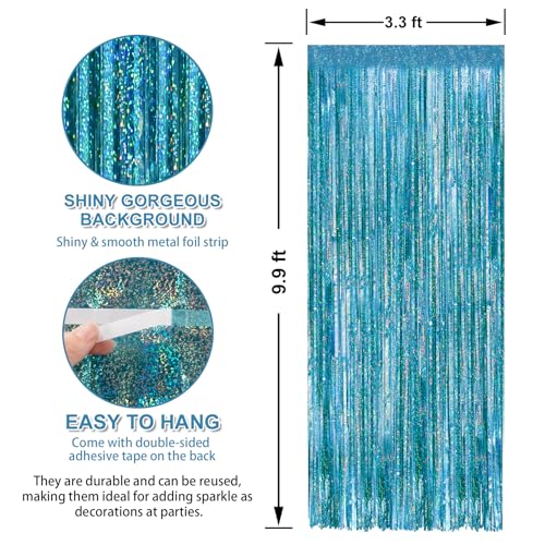 Crosize 2 Pack 3.3 x 9.9 ft Laser Blue Foil Fringe Curtains Party Decorations, Tinsel Curtain Backdrop for Parties, Door Streamers, Glitter Streamer Backdrop for Birthday Decoration - color: Laser Blue, size: 2 Pack