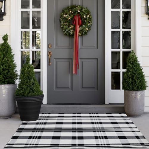 Fall Décor Plaid Rug, 3' x 5' Black&White Check Indoor/Outdoor Area Rug, Layering Rug for Hello/Welcome Door Mat, Machine Washable Cotton Woven Rugs for Farmhouse Front Porch, Entryway - color: Black & White Plaid X, size: 3' x 5' (Rectangular)