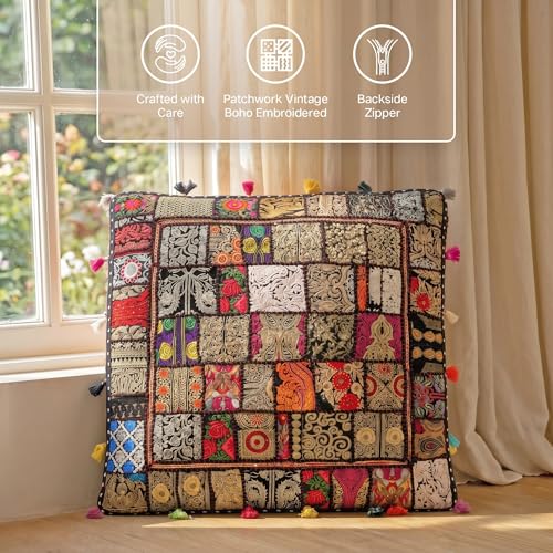THE ART BOX Cotton Patchwork Vintage Boho Embroidered Floor Pillows & Cushion Cover Dog Pouf Seating Pouf Meditation Pillow Pet Bedding Cat Bed Boho Home Décor (35x35 Inches, Cover Only) - color: Black