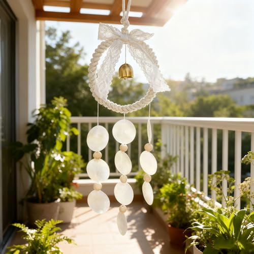 Macrame Dream Catcher Wall Hanging with Shell Wind Chime & Gold Bell - Handmade Boho Woven Ornament for Bedroom Living Room Nursery Christmas Home Decor - color: Shell