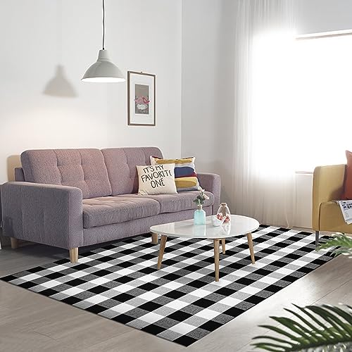 joybest Buffalo Plaid Rug 5 x 7 ft Black and White Checkered Area Rug Cotton Hand-Woven Indoor Outdoor Rugs Carpet for Patio, Living Room, Dining Room, Bedroom - size: 5' x 7' (Rectangular)