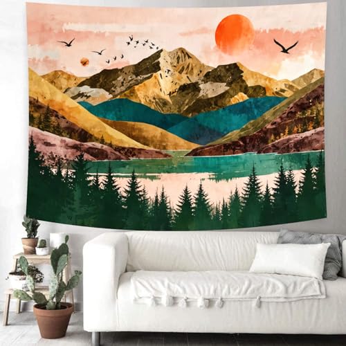 Delur Mountain Tapestry Boho Sunset Nature Forest Tree Tapestry Wall Hanging Sunrise River Lake Landscape Psychedelic Headboard for Bedroom Living Room Home Decor (70.8" x 92.5") - color: Sunset Mountain, size: 70.8"L x 92.5"W