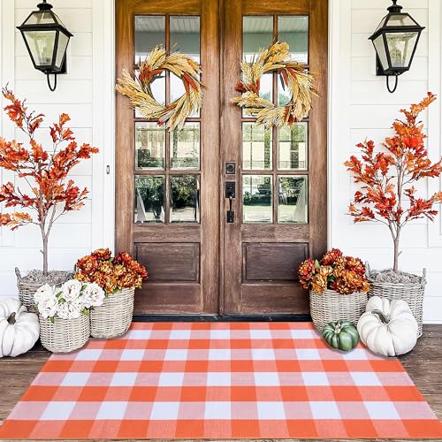 Orange and White Plaid Rug, 3' x 5' Fall Front Door Decor Mat, Cotton Washable Hand-Woven Door Mat for Layered Doormat, Autumn Halloween Thanksgiving Carpet for Porch, Entryway - color: Orange & White Plaid, size: 3' x 5' (Rectangular)