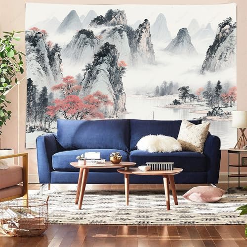 Aidatain Cherry Blossom Mountain Tapestry Chinese Japanese Landscape Painting Wall Tapestries, Large 80" L x 60" W Flannel Fabric Art Tapestries for Living Room Bedroom Dorm Decor GTTLAT1 - color: Cherry Blossom Mountain