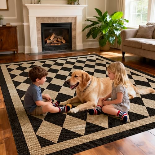 Washable Checkered Easy Jute Rug 10x14, Black Checkerboard Geometric Modern Outdoor Indoor Patio Large Rugs, Woven Thin Carpet Mat for Living Room Bedroom Classroom Nursery Play Room Backyard - color: Checkerboard -1 Black, size: 10' x 14'