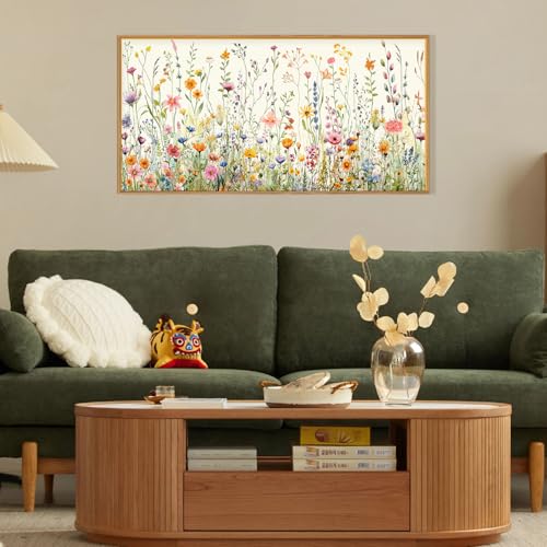 HPINUB Colorful Flower Framed Canvas Wall Art Set, Watercolor Daisy Floral Wall Decor, Wildflower Green Leaf Wall Painting, Multicolour Botanical Art Print for Living Room, Bedroom, Office -20"x40" - color: Colorful Wildflower Wall Art(wood Framed), size: