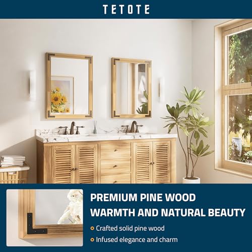 TETOTE 22 x 30 Natural Wood Mirror for Bathroom Wall/Bedroom/Living Room/Entryway Farmhouse Rustic Bathroom Vanity Mirror Waterproof (Horizontal/Vertical Mounted) - color: Wood, size: 30"L x 22"W