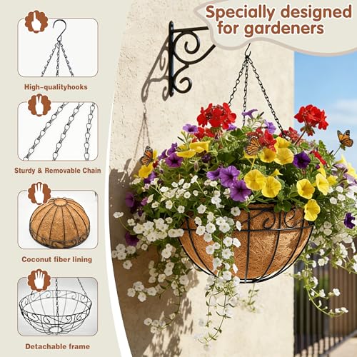 10 inch Metal Hanging Baskets For Plants Outdoor 4 Pack Round Metal Wire Hanging Basket Planter with Coco Fiber Liners Chain Round Wire Plant Holder for Garden, Patio, Deck, Porch Plants Flower Potsss - size: 10 Inch, style: Flower Border