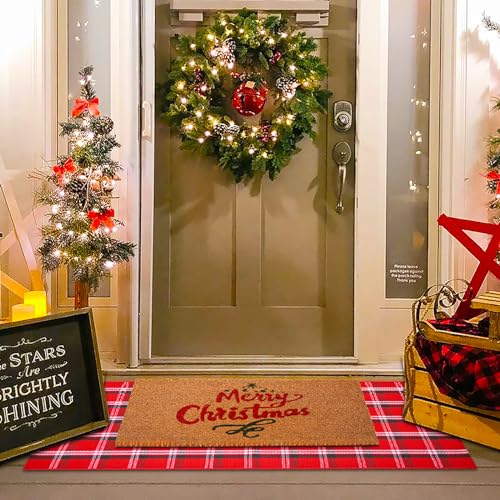 Christmas Red Green White Plaid Rug, 24"x 51" Cotton Hand-Woven Buffalo Check Layered Door Mat for Front Porch, Entryway, Outdoor Holiday Decor, Washable Farmhouse Rug for Home, Patio, Kitchen - color: Red & Green White Plaid, size: 2' x 4'3" (Rectangular