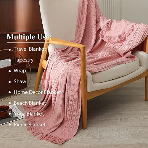 Simple&Opulence 100% Cotton Throw Blanket for Couch, Bed, Waffle Weave Cable Knit Blanket with Tassels, Soft Lightweight Pre-Washed Breathable Cozy Blanket Farmhouse Decoration for All-Season (Pink) - color: Coral Pink