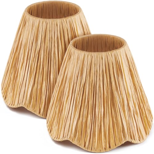 Glooglitter Small Clip-on Chandelier Rattan Lamps Set Shade Scalloped Lampshade 3"top x 6"bottom x 5-1/4"slant Height Empire Lamp Shade Chandelier or Accent Lamp(Woven,Raffia,2 Pcs) - color: Naturals, size: Raffia