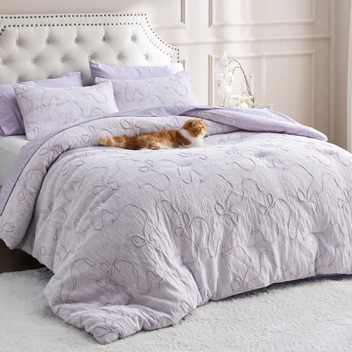 Bedsure Lavender Comforter Set Queen, GentleSoft™ 3 Pieces Breathable Bow Comforter Set Women Girls with 2 Pillow Shams, Cute Queen Bedding Sets Room Decor Aesthetic Bedroom Decor, 90x90 Inches - color: 01 - Bow Lavender, size: Queen (90" x 90")