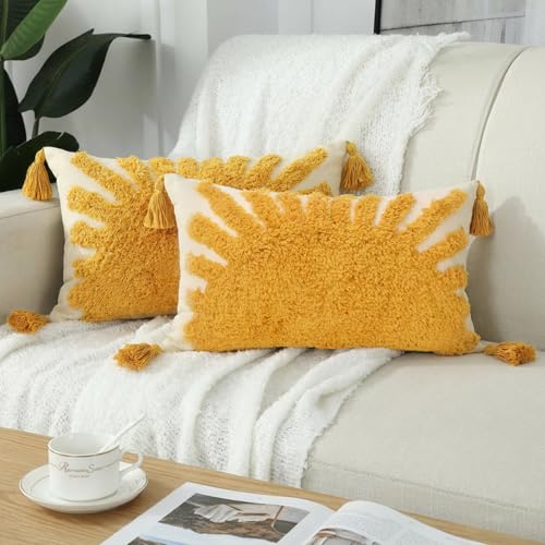 2 Pcs Boho Velvet Pillow Covers with Tassels 12 x 20 Inch 3D Tufted Sun Embroidery Sunshine Decorative Throw Cushion Case for Bedroom Sofa Living Room Couch Rustic Farmhouse Home Decor - style: Sun