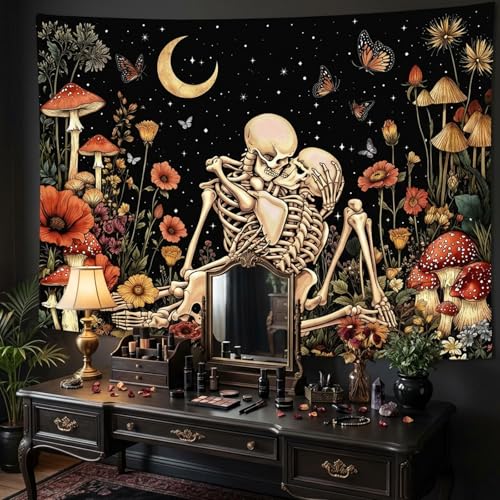 Lifeel Skeleton Lovers Tapestry, The Kissing Lovers Boho Aesthetic Skull Gothic Tapestry for Bedroom Living Room, 60x80 inches - color: Black1, size: 80"L x 60"W