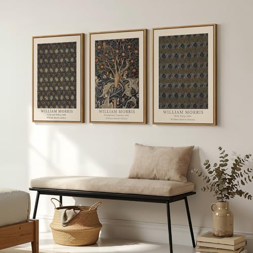 Framed Vintage William Morris Canvas Wall Art Set of 3, Nature Rustic Botanical Artwork for Walls, Retro Classic Floral Illustrations Paintings Pictures for Living Room, Bedroom, Dining Room, Hallway, Office Wall Decor, Total Size 30x60 in - color: Green-