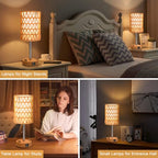 Rattan Table Lamps for Living Room, 3 Way Dimmable Touch Lamps, Small Bedside Lamps with LED Bulbs, Phone Stand, USB Ports and AC Outlet, Boho Nightstand Lamp for Bedroom Office (2 Pack Faux Wood) - size: 2 Pack Faux Wood