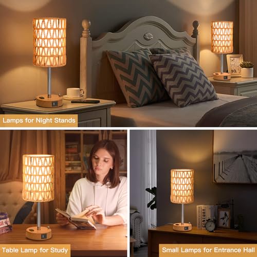 Rattan Table Lamps for Living Room, 3 Way Dimmable Touch Lamps, Small Bedside Lamps with LED Bulbs, Phone Stand, USB Ports and AC Outlet, Boho Nightstand Lamp for Bedroom Office (2 Pack Faux Wood) - size: 2 Pack Faux Wood