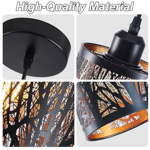 Industrial Black Pendant Light Fixture Vintage Farmhouse Mini Black Gold Pendant Lighting Rustic Hollow-Carved Cylinder Pendant Light for Kitchen Island, Dining Room, Bedroom - color: Black&Gold