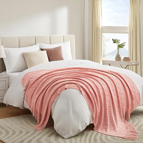 Acrylic Knitted Throw Blanket, Lightweight and Soft Cozy Decorative Woven Blanket with Tassels for Couch, Bed, Sofa, Travel, Suitable for All Seasons, 50 x 60 Inches, Baby Pink - color: Baby Pink