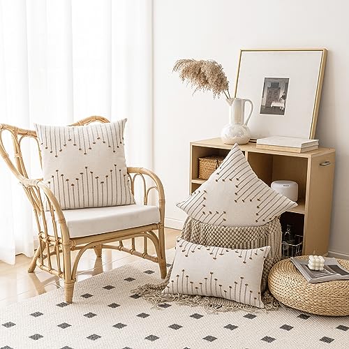 LILEPOY Boho Throw Pillow Covers 18x18 Set of 2 Neutral Decorative Textured Cushion Case Farmhouse Pillowcase Modern Square Pillow Covers for Sofa,Couch, Living Room,Beige and Brown - color: Beige and Brown, size: 18" x 18" (Pack of 2)