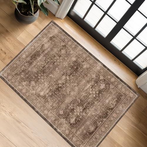 Boho Taupe Brown 2x3 Entryway Rug - Modern Vintage Traditional Eclectic Oriental Neutral, Washable Low Pile Non-Slip Small Throw Area Rugs for Door Mat Indoor Entrance, Kitchen, Bathroom - color: Brown, size: 2' x 3' (Rectangular)
