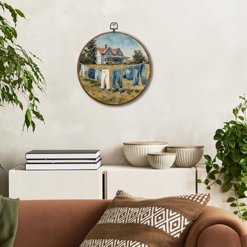 JUIOEIU Vintage Rustic Farmhouse Round Wall Decor, Country Laundry Day Framed Canvas Prints, Retro Cottagecore Landscape Wall Art Hanging Decorations for Washroom Bathroom Laundry Room Decor, 10x10in - color: Laundry room04