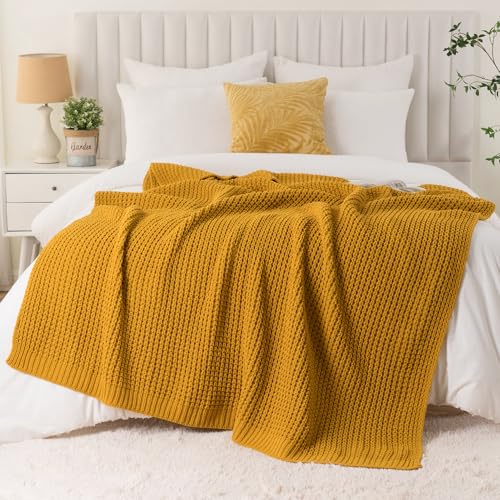 Bunnikins & Clover Knitted Waffle Throw Blanket 50x60 Inches, Mustard Yellow Throw Blanket for Couch, Soft Cozy Chenille Knit Blanket Warm Decorative Throw for Sofa - color: Mustard, size: 50"x60"