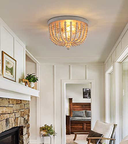 Q&S Boho Chandelier Wood Beaded Flush Mount Ceiling Light Fixtures for Nursery Baby Bedroom Kitchen Hallway,Oak White Finish,2-Lights - color: Ceiling-2OAK