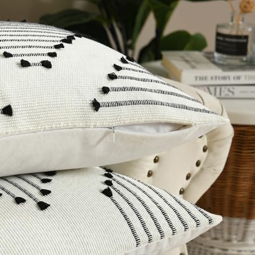 Boho Throw Pillow Covers 18x18 Inch Farmhouse Decorative Accent Woven Pillow Covers for Couch Bed Sofa Black and White Pillow case Home Decor, Black and Cream White - color: Black, size: 18" x 18" (Pack of 2)