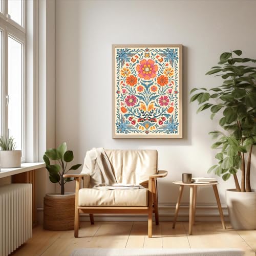 SKTBJWNYK Mexican Wall Art Vintage Mexican Floral Canvas Wall Art Colourful Floral Painting Boho Botanical Prints Rustic Home Decor for Living Room Bedroom 16x24 Inch Unframed - color: Blue Mexican Flower, size: 24"L x 16"W
