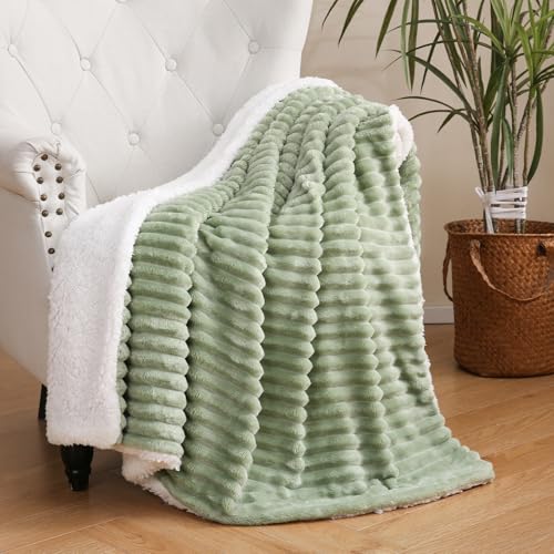 Sage Green Sherpa Fleece Throw Blanket 50”×60” for Couch Sofa Bed,Super Soft Cozy Plush Double Side Thick Flannel Blanket with Striped Design Lightweight for Adults,Woman,Girls - color: Sage Green, size: 50×60inch