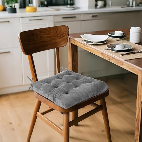 ELFJOY 4 Pack Chair Cushions for Dining Chairs Chair Pads Cushion for Kitchen Office Tufted Square Seat Cushion with Ties (16" Grey Velvet) - color: Grey