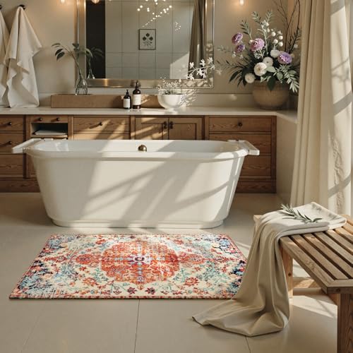 Lahome Bohemian Floral Medallion Runner Rug - 2x4 Washable Laundry Room Hallyway Runner Rug Doormat,Oriental Distressed Faux Wool Non-Slip Bath Mat Low-Pile Carpet for Kitchen Bathroom Entryway,Orange - color: Orange/Multi, size: 2' x 4' (Runner)