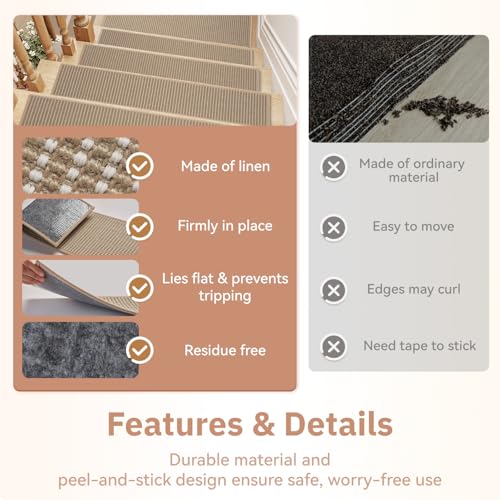 15PC Jute Stair Treads for Wooden Steps-Non Slip Peel and Stick Stair Treads Indoor, Adhesive Staircase Step Treads Residue Free, Cat-Friendly & Scratch-Resistant Durable Stair Runner Rug,8"x30" Beige - size: 8"x30"