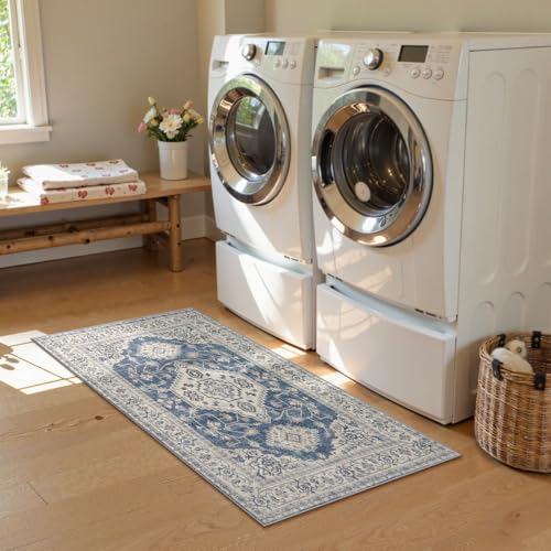 Lahome Oriental Small Area Rug, 2x4 Washable Entryway Rug Non-Slip Ultra-Thin Indoor Door Mat Distressed Throw Carpet for Kitchen Bedroom Eleanor, Blue - color: Blue, size: 2' x 4' (Rectangular)