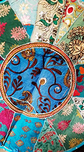 Indian Handmade Patchwork Codework Turquoise Pouf Cover Ottoman Round Floor Pillow Cushion Seating Throw Decorative Pom Pom Pillow Cases Bohemian 32 Inches - color: Blue