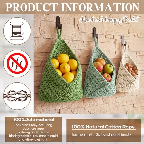 Honeydak Boho Decor Hanging Wall Baskets for Kitchen 3 Pack Teardrop Baskets with Hooks Storage Fruit Onion Vegetable Potato for Home 3 Sizes(Sage Color Palette,Triangle,Cotton Rope) - color: Sage Color Palette, size: Cotton Rope, style: Triangle