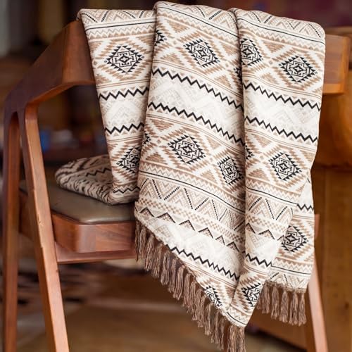 CASAAGUSTO Boho Throw Blanket with Tassel, Farmhouse Western Flannel Bohemian Blanket, Vintage Native Mexican Decorative Throw, Ideal for Gifting (60x80 Inches, Brown White) - color: Brown White, size: 60X80