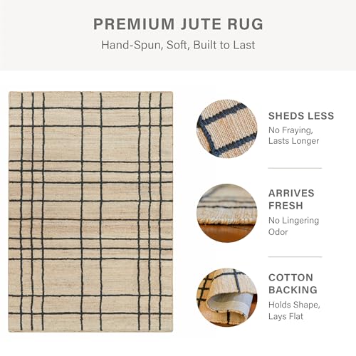 Homespice Nell Jute Plaid Area Rug 3x5' - Cotton Backed Premium Handmade Natural Fibre Rugs for Kitchen and Hallway, Lays Flat, Won't Fray or Shed, Rich Natural Brown & Black Windowpane - color: Nell, size: 3' x 5' (Rectangular)
