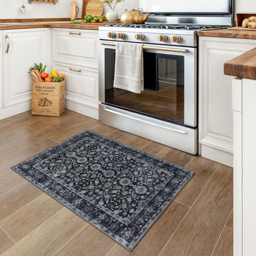 KUTA Vintage Floral Entryway Rug 2x3, Kitchen Area Rugs Non-Slip Washable Throw Rug, Black Grey Orange Ultra Thin Soft Print Front Door Mat Indoor Doormat for Entrance, Bedside, or Small Spaces - color: Black Grey Orange, size: 2' x 3' (Rectangular)