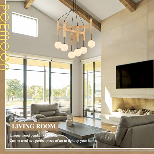 Wooden Chandeliers L28 '' Natural Farmhouse 6-Light Milk Glass Pendant Light Rustic Mid Century Long Hanging Lighting for Living Dining Room Entryway Foyer Bedroom Kitchen,G9 - color: Natural Wooden, size: L28 inches