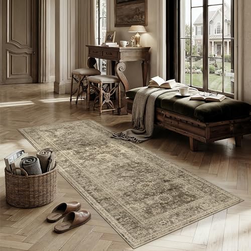 2x6 Washable Runner Rug for Kitchen Hallway Brown Vintage Non-Slip Low Pile Distressed Rustic Carpet Soft Long Throw Rug for Indoor Entryway Bedroom - color: Retro | Brown, size: 2' x 6' (Runner)