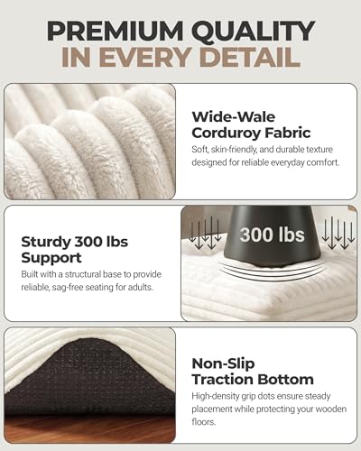 23.6in Pouf Ottoman, Corduroy Ottoman Foot Rest with Dual‑Layer Support, Large Poofy Pouf with Soft Chunk‑Foam Top & Firm Foam Base, Floor Foot Stool for Living Room, Beige - color: Beige